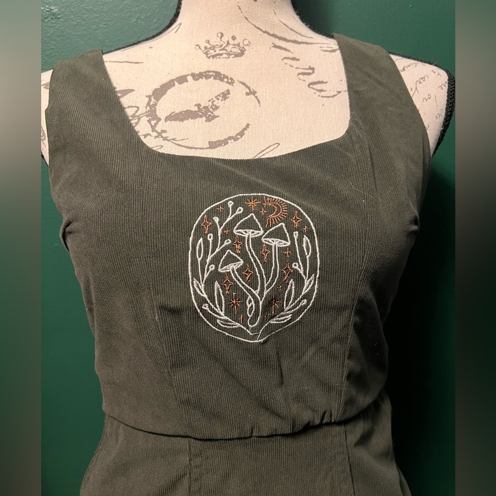Disturbia Dark Olive Midi Dress with Mushroom Embroidery - Picture 2 of 4